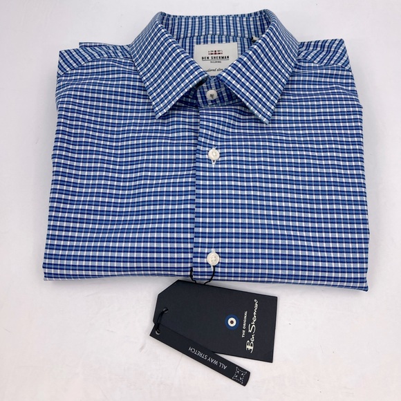 BEN SHERMAN, LONG SLEEVES MEN’S SHIRT, “XL 16,” BLUE AND WHITE SMALL CHECKERED - Picture 16 of 16